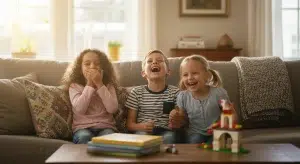 Three young children laughing together on a couch while telling jokes