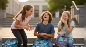 Three middle schoolers laughing together on school steps