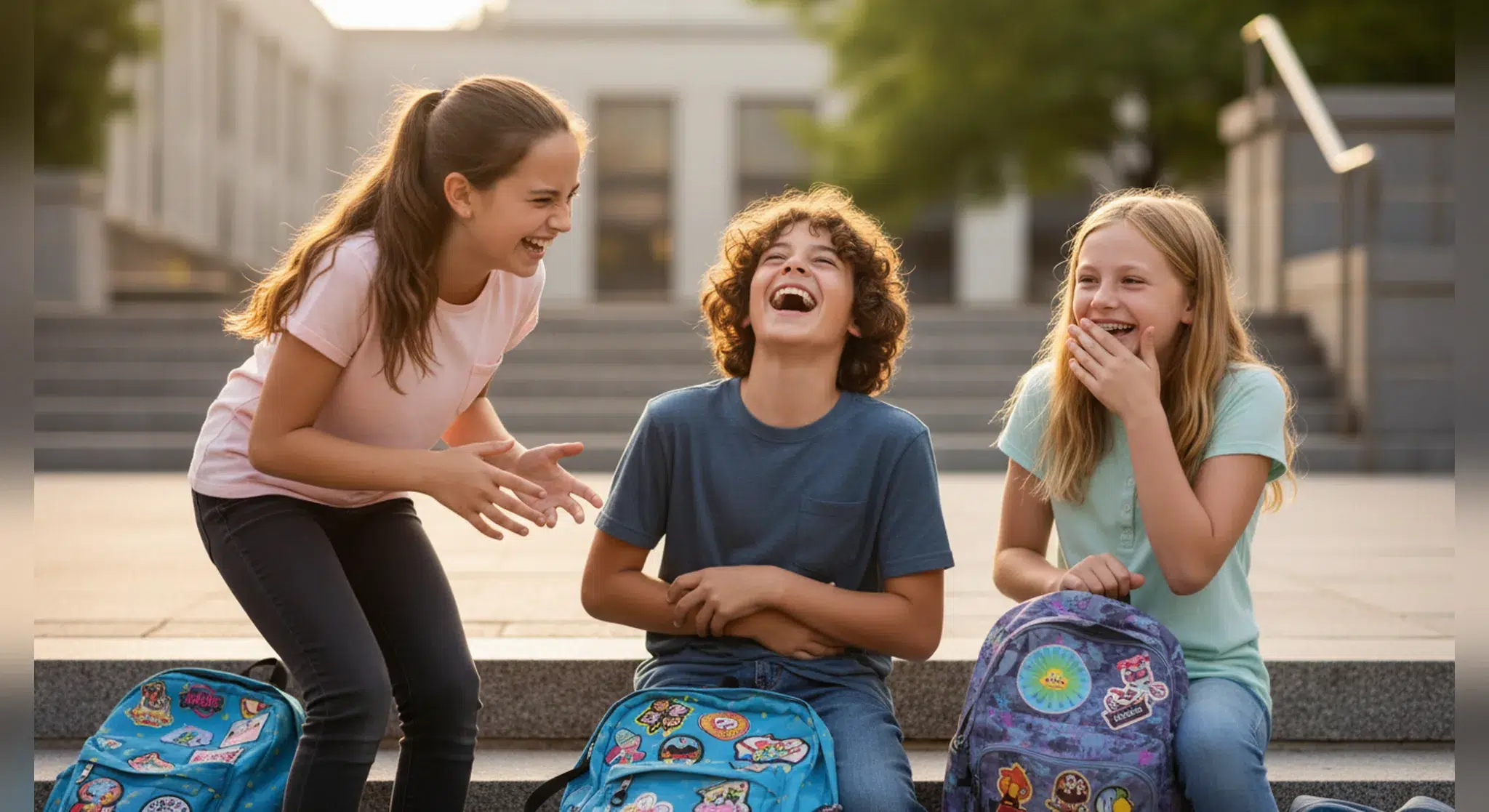 Three middle schoolers laughing together on school steps