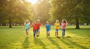 Happy children running and jumping while playing actively in a sunny park