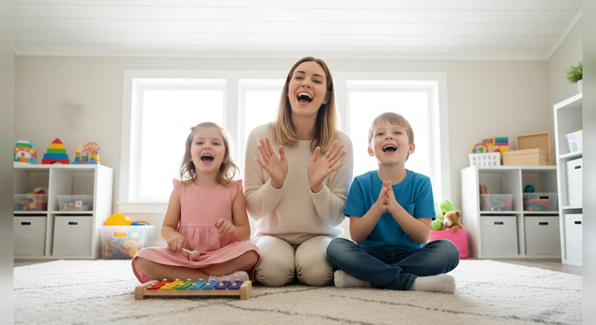 Mom singing kids songs with hand motions with her two young children
