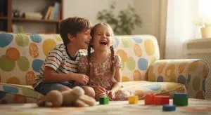Two children laughing while telling each other knock knock jokes on a couch