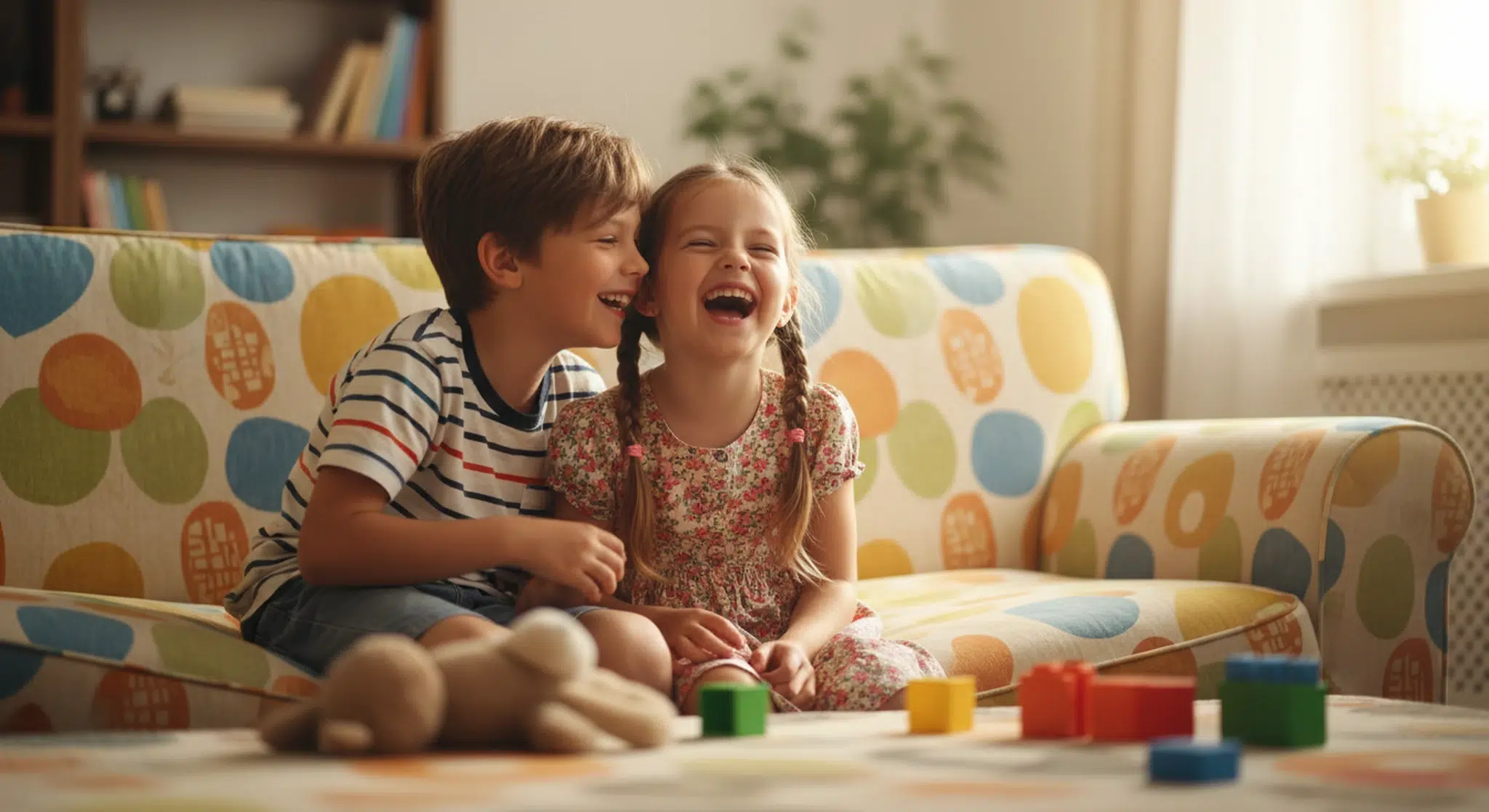 Two children laughing while telling each other knock knock jokes on a couch