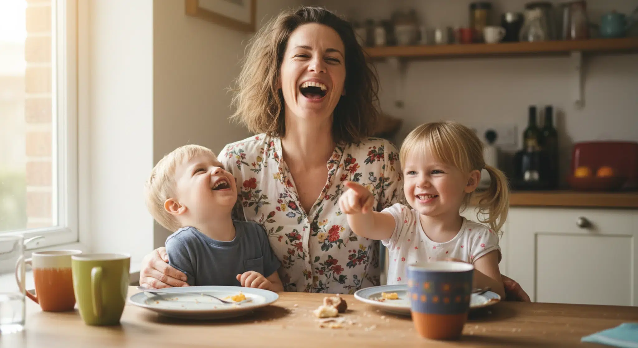 A mom laughing with her two young children at the kitchen table