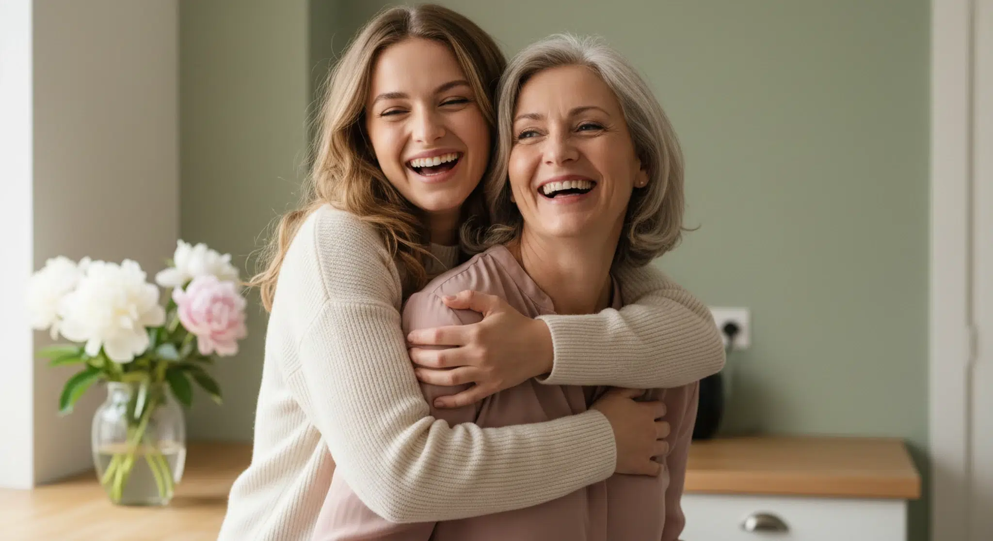 Adult daughter hugging her smiling mother from behind in a bright kitchen, both laughing
