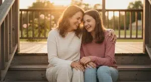 Mother and teenage daughter sitting close together on a porch step at sunset, laughing with their heads leaning in