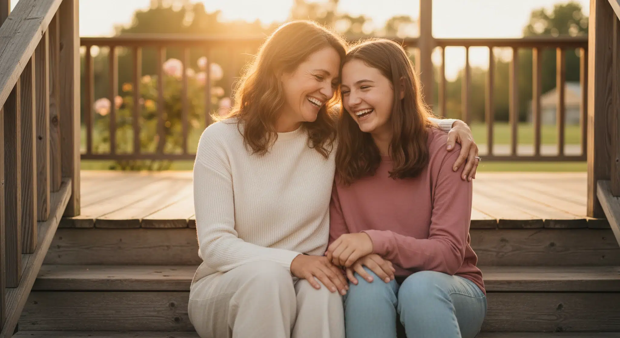 Mother and teenage daughter sitting close together on a porch step at sunset, laughing with their heads leaning in