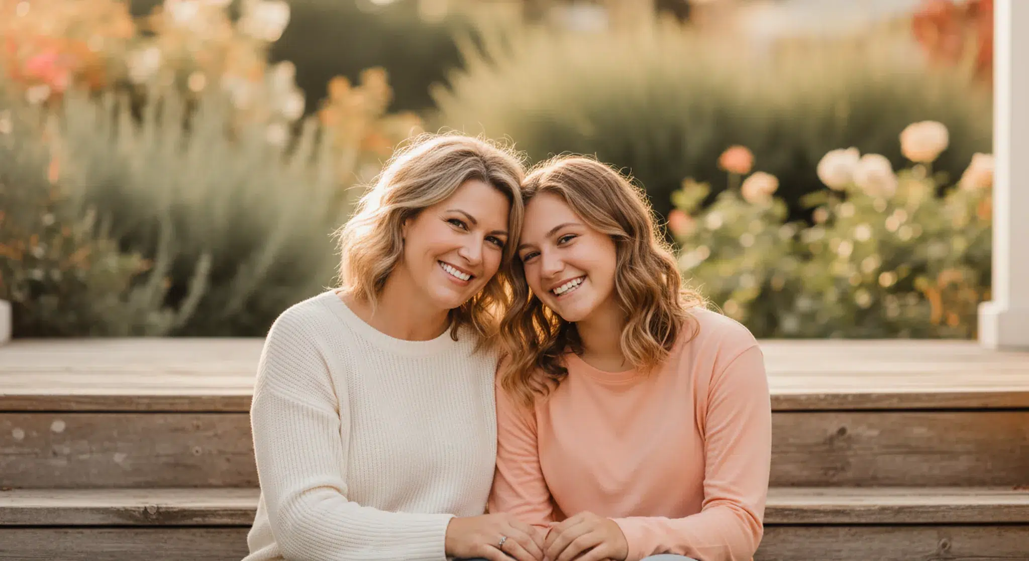 Mother and teenage daughter sitting side by side on a porch step at golden hour, smiling and leaning their heads together