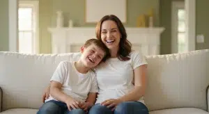 Mother and young son sitting together on a sofa in warm afternoon light, the boy leaning into her shoulder as they laugh