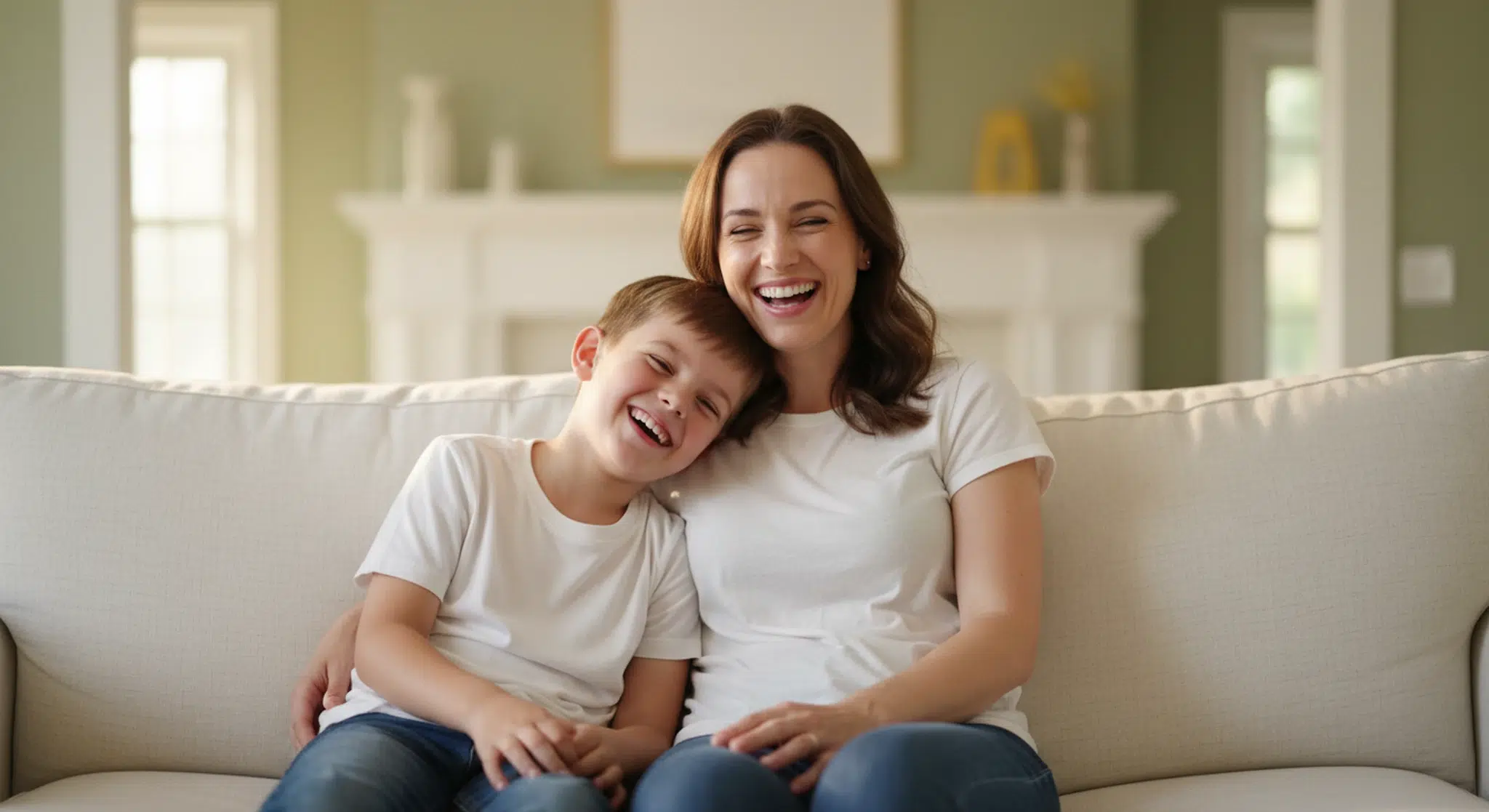 Mother and young son sitting together on a sofa in warm afternoon light, the boy leaning into her shoulder as they laugh