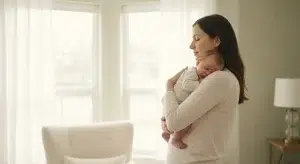 Mother holding a sleeping baby against her shoulder by a bright window in a calm living room