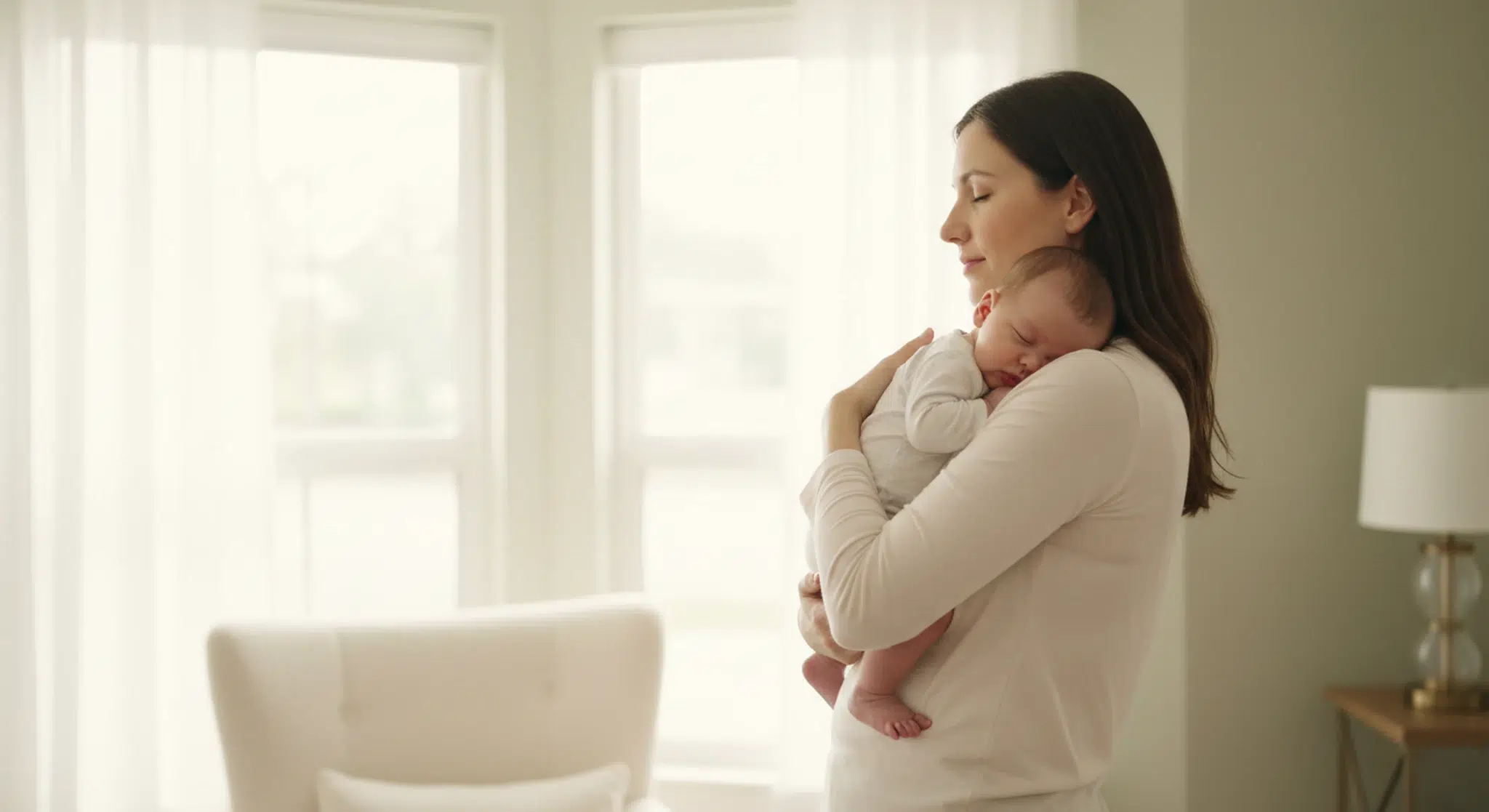 Mother holding a sleeping baby against her shoulder by a bright window in a calm living room