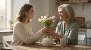 Adult daughter giving her smiling mother a bouquet of spring flowers at a sunlit kitchen table