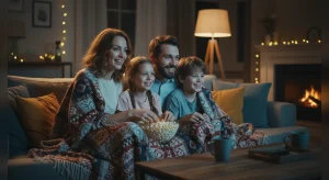 Family with two tweens sharing popcorn on the sofa during movie night
