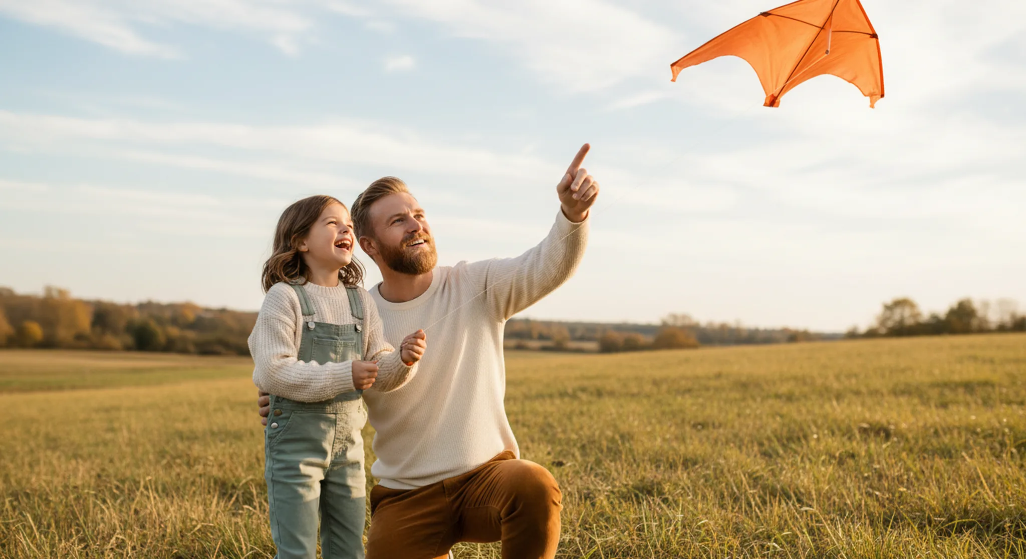 Father and young daughter flying a kite together in an open meadow on a bright autumn afternoon
