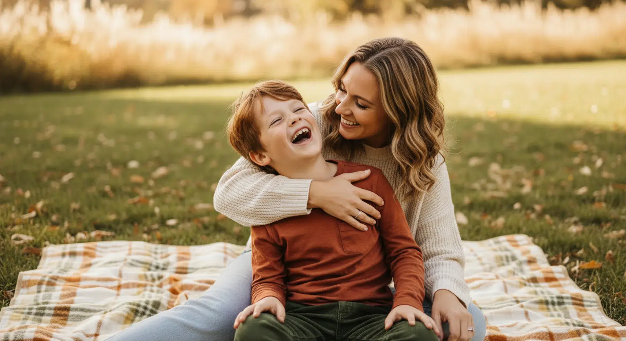 Mother and young son laughing together on a picnic blanket in a sunny park