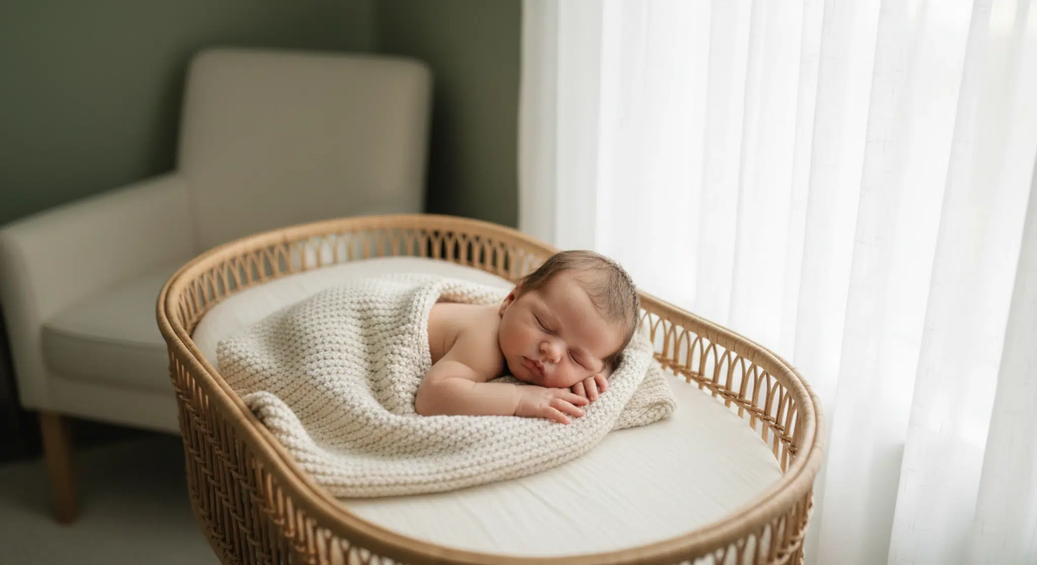 Newborn baby asleep in a woven bassinet beside a window with a soft knitted blanket