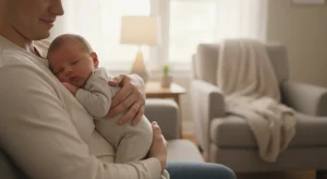 A parent holding a newborn upright and patting their back to help with hiccups after a feed