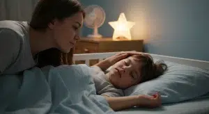 Mom checking her sleeping child's forehead for night sweats