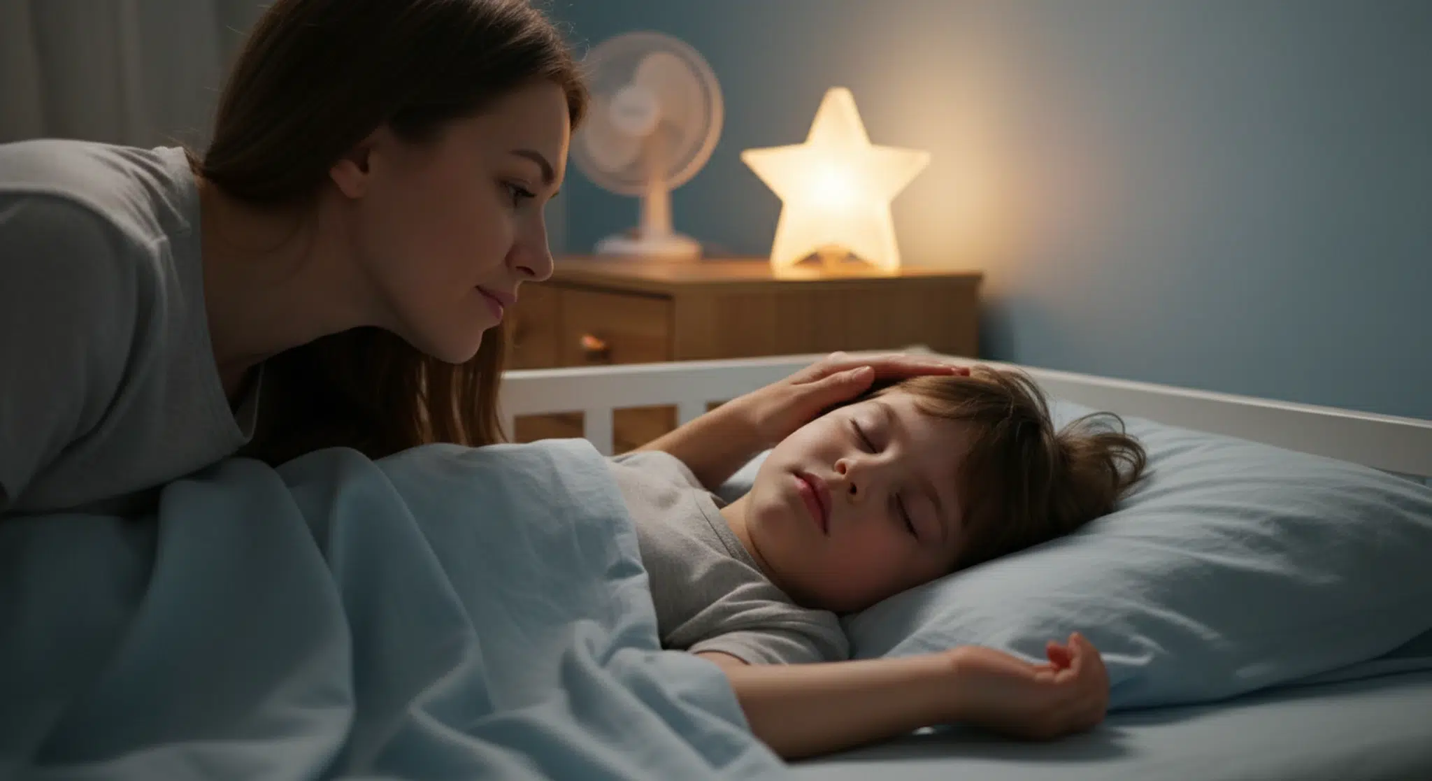 Mom checking her sleeping child's forehead for night sweats