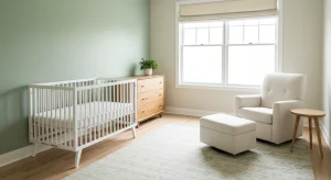 Sage green and cream nursery with a bare crib, wood dresser, and glider chair