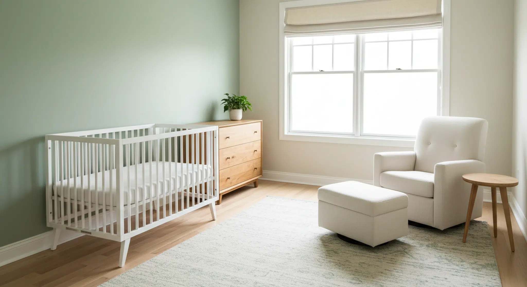 Sage green and cream nursery with a bare crib, wood dresser, and glider chair
