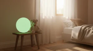 A glowing green OK-to-wake toddler clock on a nightstand beside a stuffed animal in a softly lit bedroom