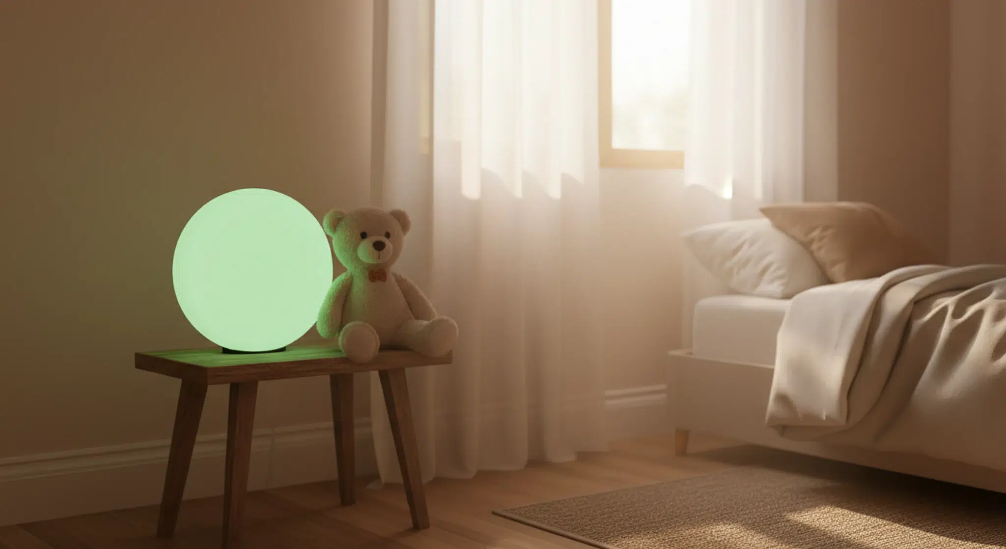 Oktowake Clocks a Parents Guide to Toddler Sleep Clocks | Betteroo A glowing green OK-to-wake toddler clock on a nightstand beside a stuffed animal in a softly lit bedroom