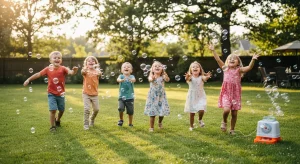 Outdoor Games for Kids 25+ Fun Ideas by Age little or No Gear | Betteroo Young children playing and chasing bubbles outdoors on a sunny lawn