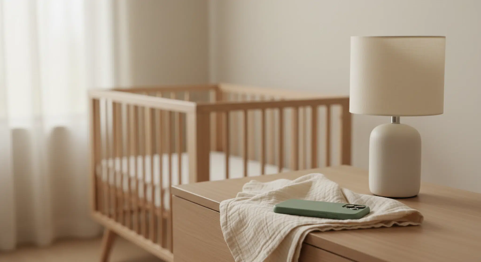 Owlet Review is the Dream Sock Worth It | Betteroo A phone face down on a muslin cloth on a nursery dresser with a crib softly blurred behind