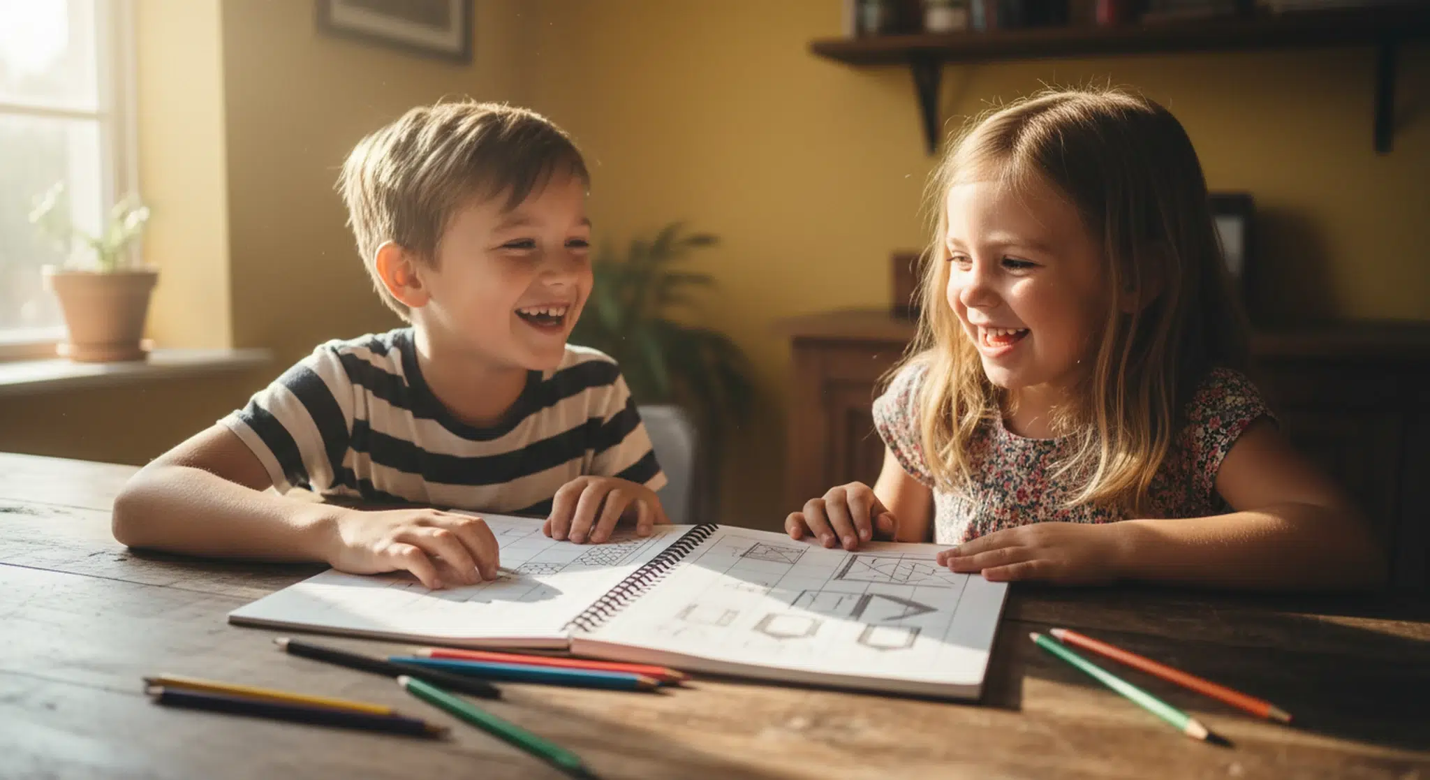 Two children playing a pen-and-paper game at a sunny table with a notebook and pencils