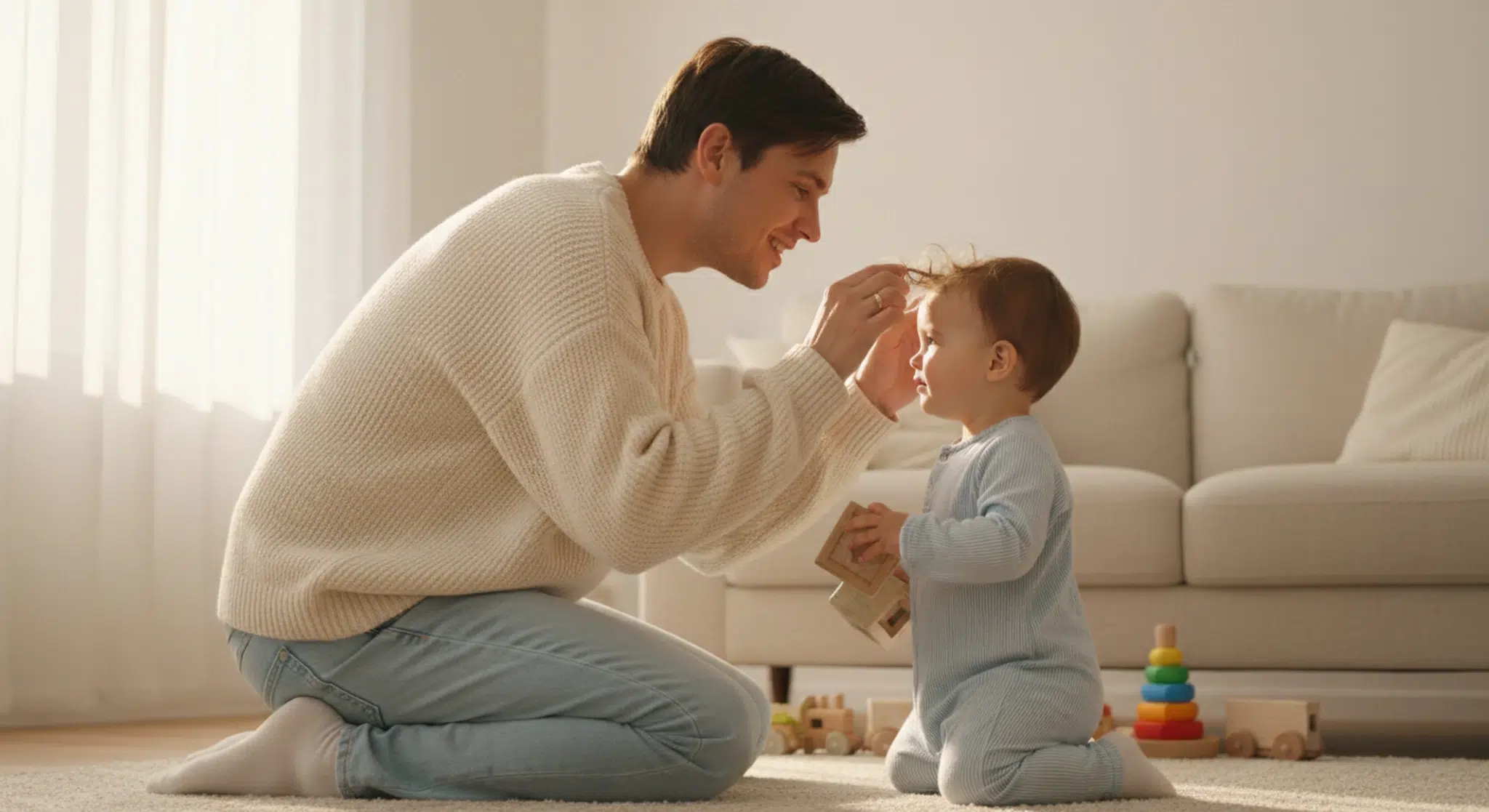 Parent kneeling down to a toddler's eye level in a sunlit living room, both fully in frame, gentle expression