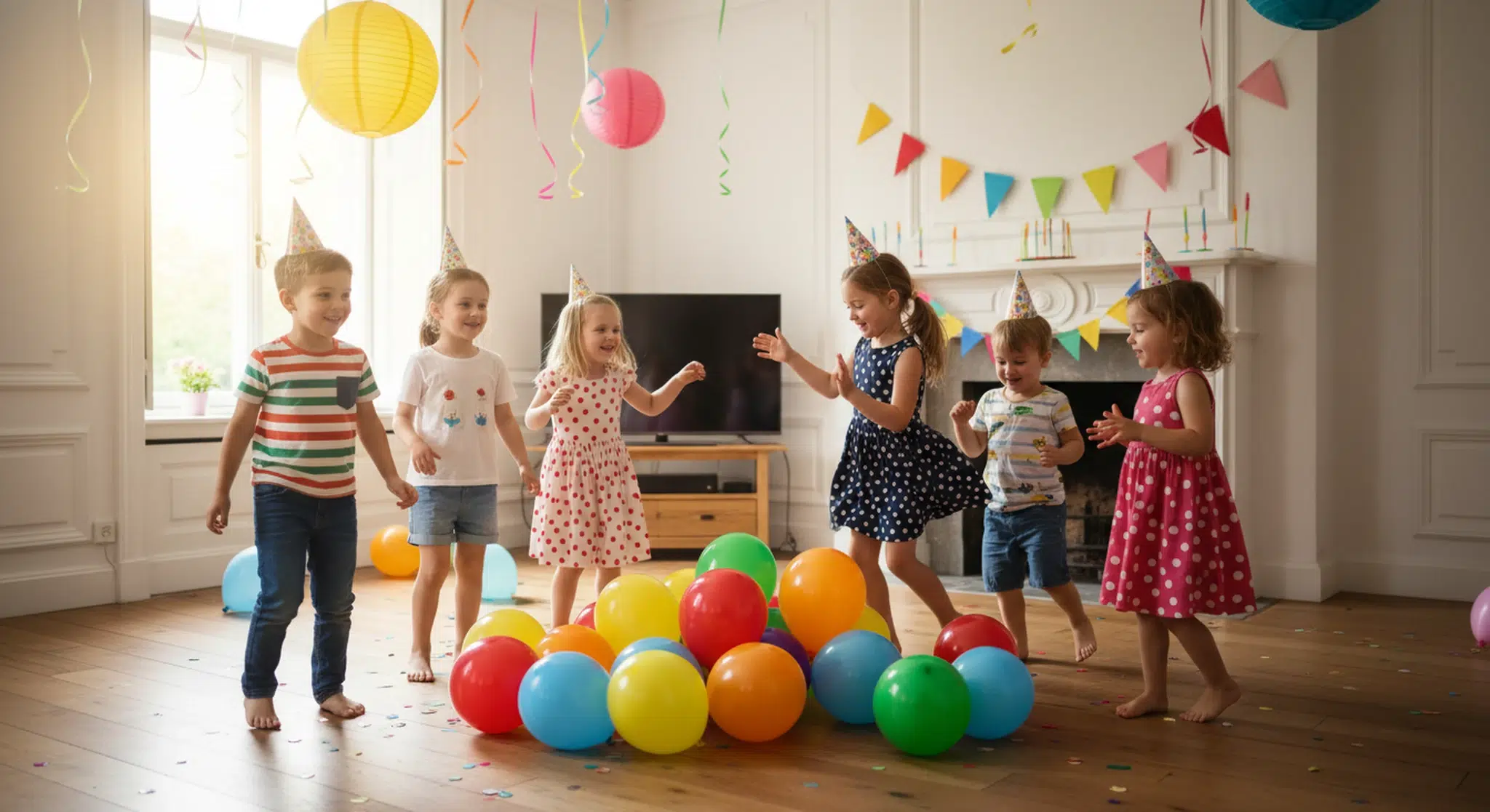 Party Games for Kids Fun Ideas by Age little or No Supplies | Betteroo A group of children laughing and playing a game at a birthday party with balloons