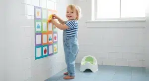 Toddler placing a star sticker on a potty chart in a bright bathroom