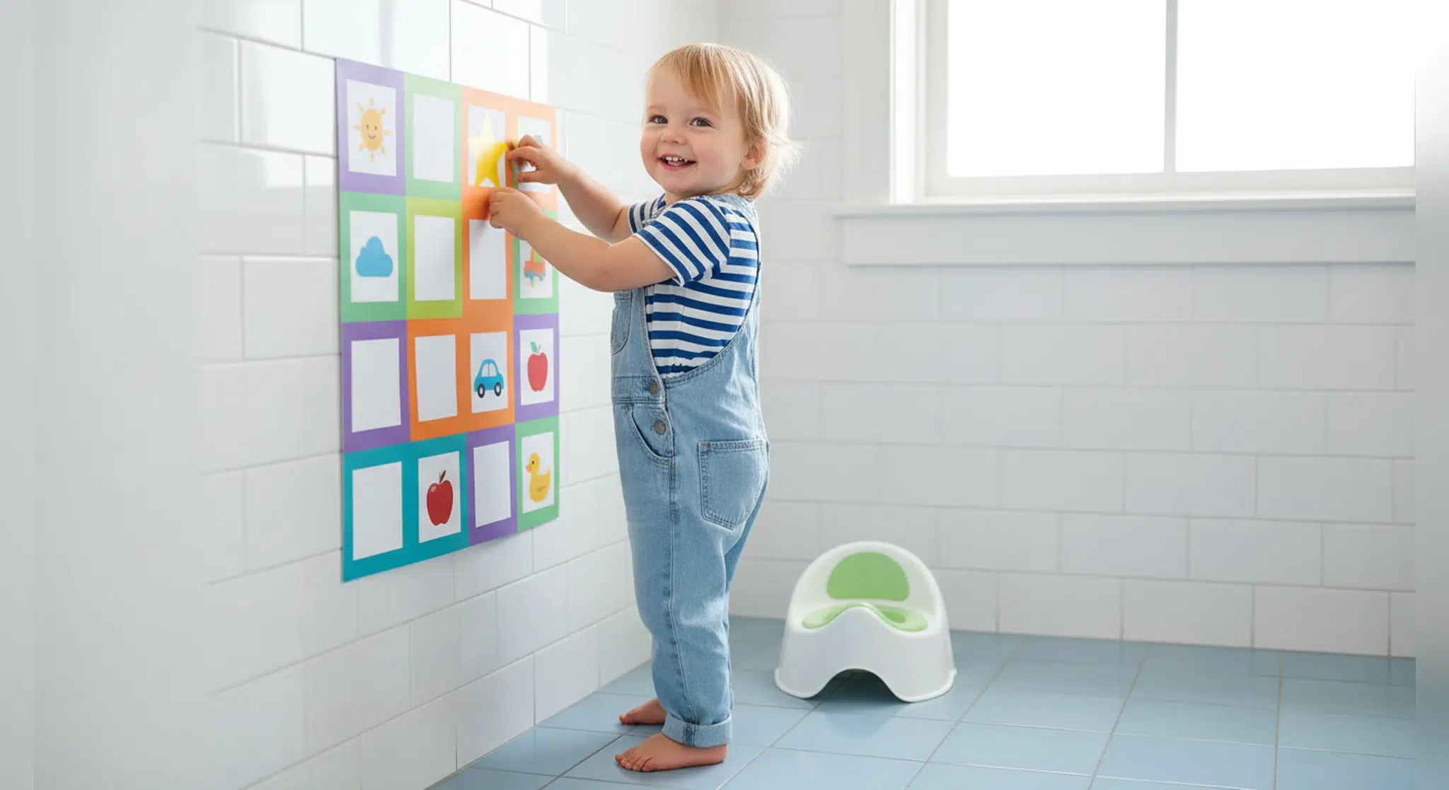 Potty Chart How to Use a Potty Training Chart That Actually Works | Betteroo Toddler placing a star sticker on a potty chart in a bright bathroom