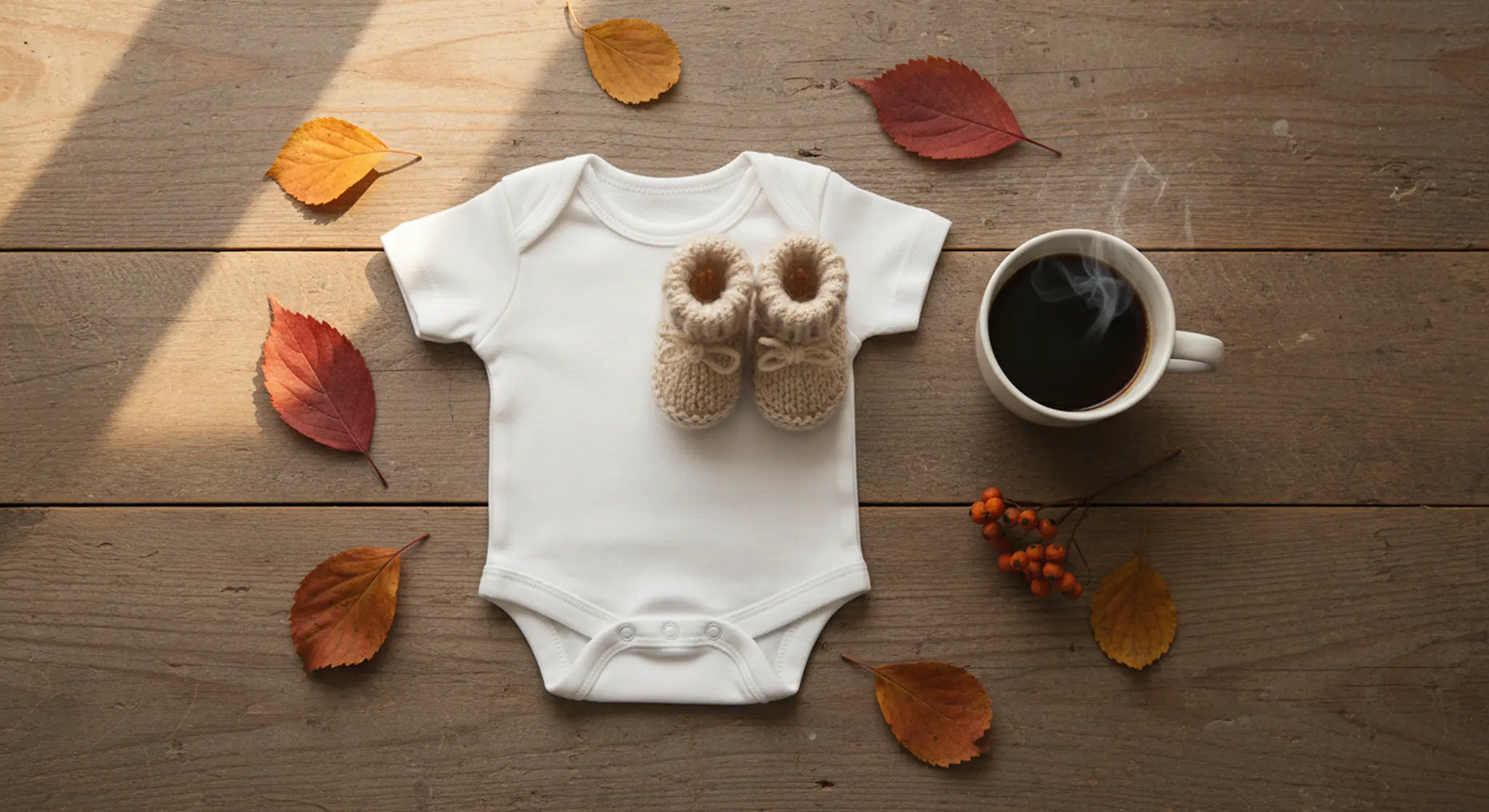 White baby onesie with beige knitted booties on a wooden surface, surrounded by autumn leaves and a steaming mug of coffee.