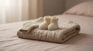 Pair of tiny knitted baby booties resting on a folded cream sweater in soft daylight