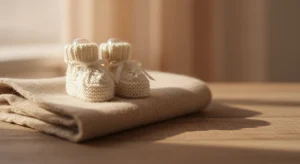 Pair of tiny knitted baby booties resting on a folded cream blanket in soft window light