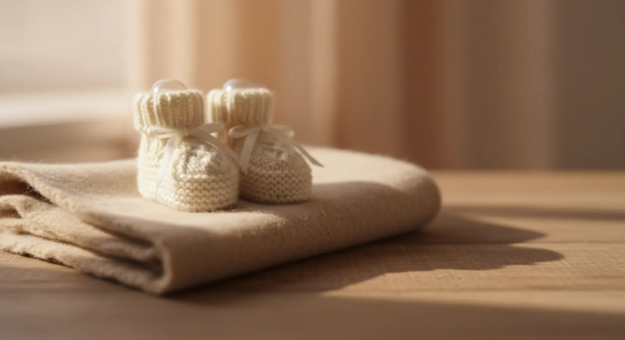 Pair of tiny knitted baby booties resting on a folded cream blanket in soft window light