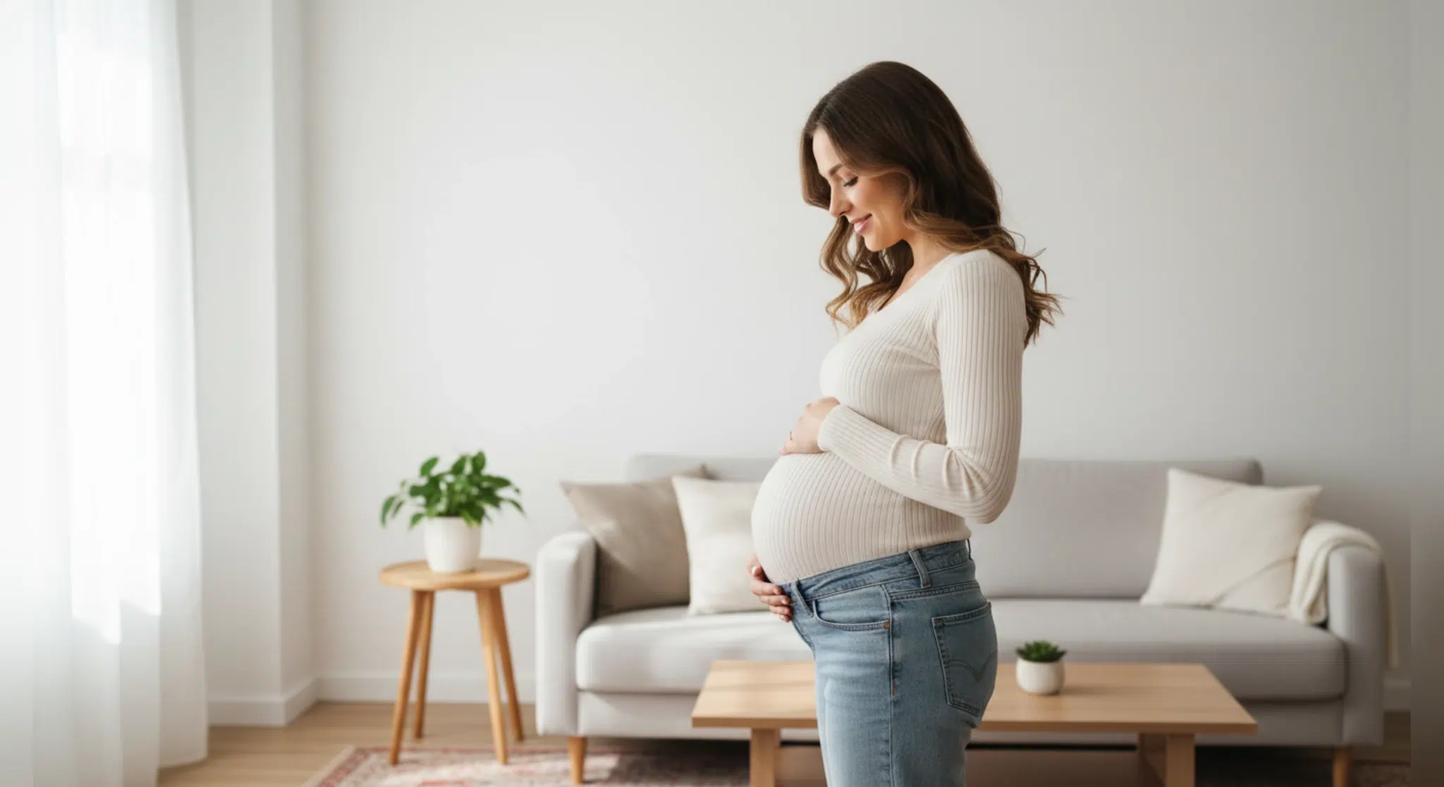 Pregnant Belly by Month What Your Bump Looks Like at Every Stage | Betteroo Pregnant woman in profile resting her hands on her baby bump in a bright living room