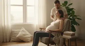 Pregnant woman sitting relaxed while her partner gently massages her shoulders