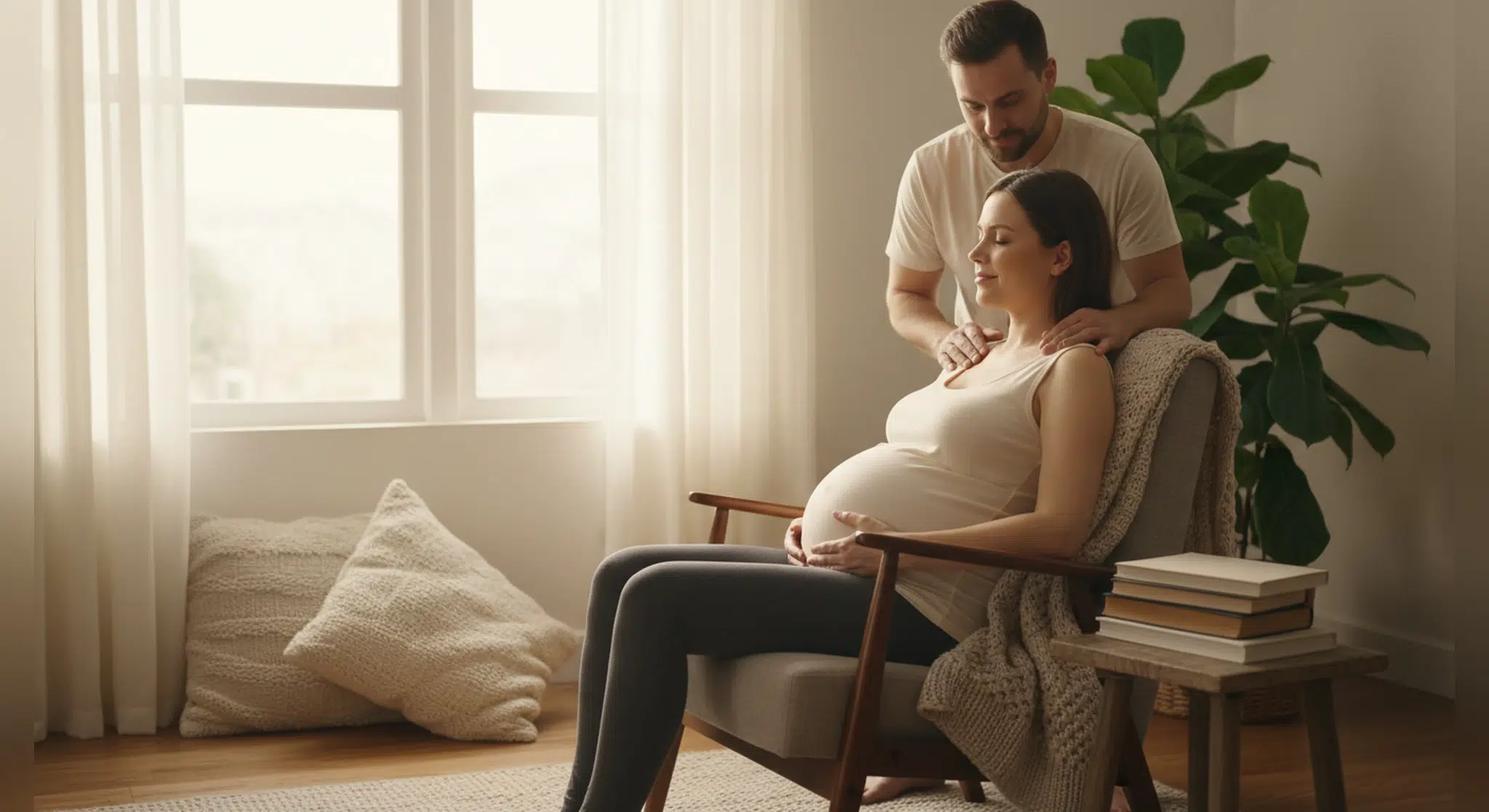 Pregnant woman sitting relaxed while her partner gently massages her shoulders
