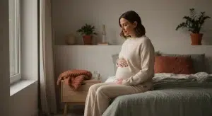 Pregnant woman sitting calmly on the edge of a bed with one hand resting on her bump