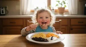 A happy child at a table eating a protein-rich meal of eggs, cheese, beans, and yogurt