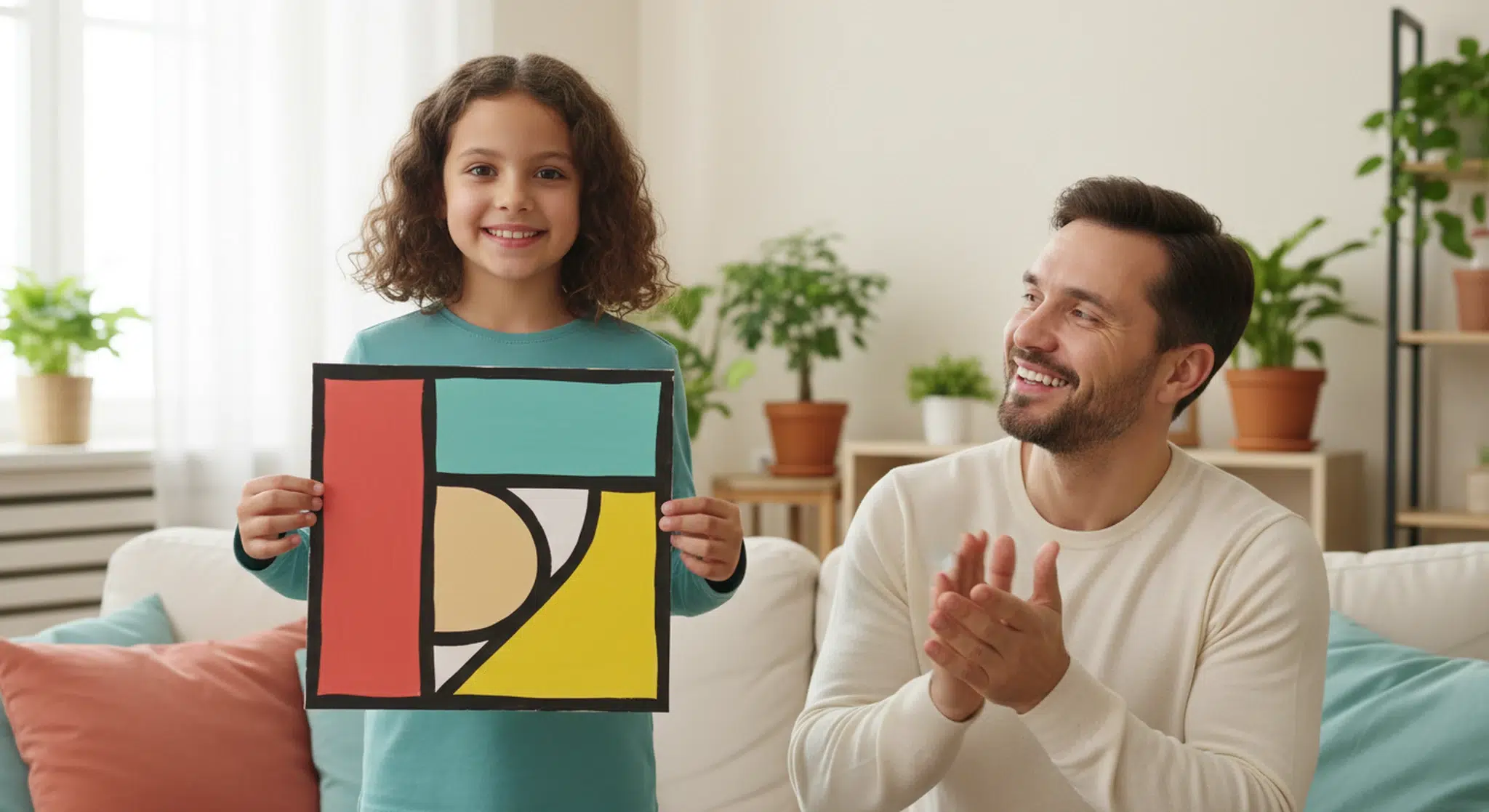 Father clapping and smiling as his young daughter holds up a finished painting in a bright living room