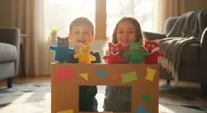 Two children performing a puppet show with handmade sock puppets over a cardboard box theater