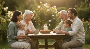 Three generations of one family gathered around an outdoor table, grandparents, parents, and kids all visible in warm evening light