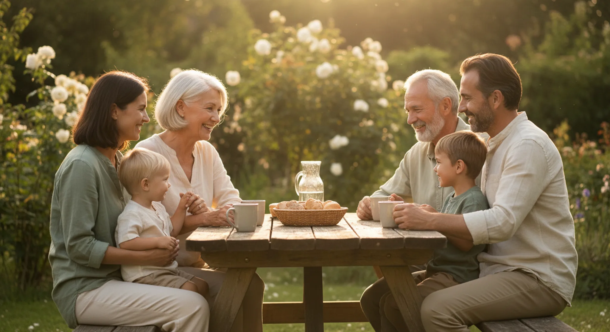 Three generations of one family gathered around an outdoor table, grandparents, parents, and kids all visible in warm evening light