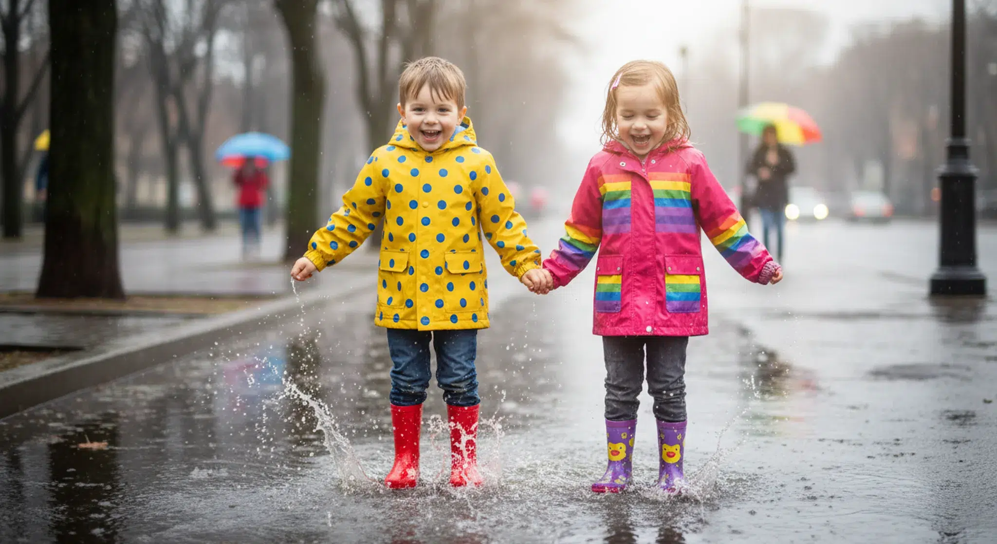 Two children in rain boots and raincoats jumping in a puddle on a rainy day