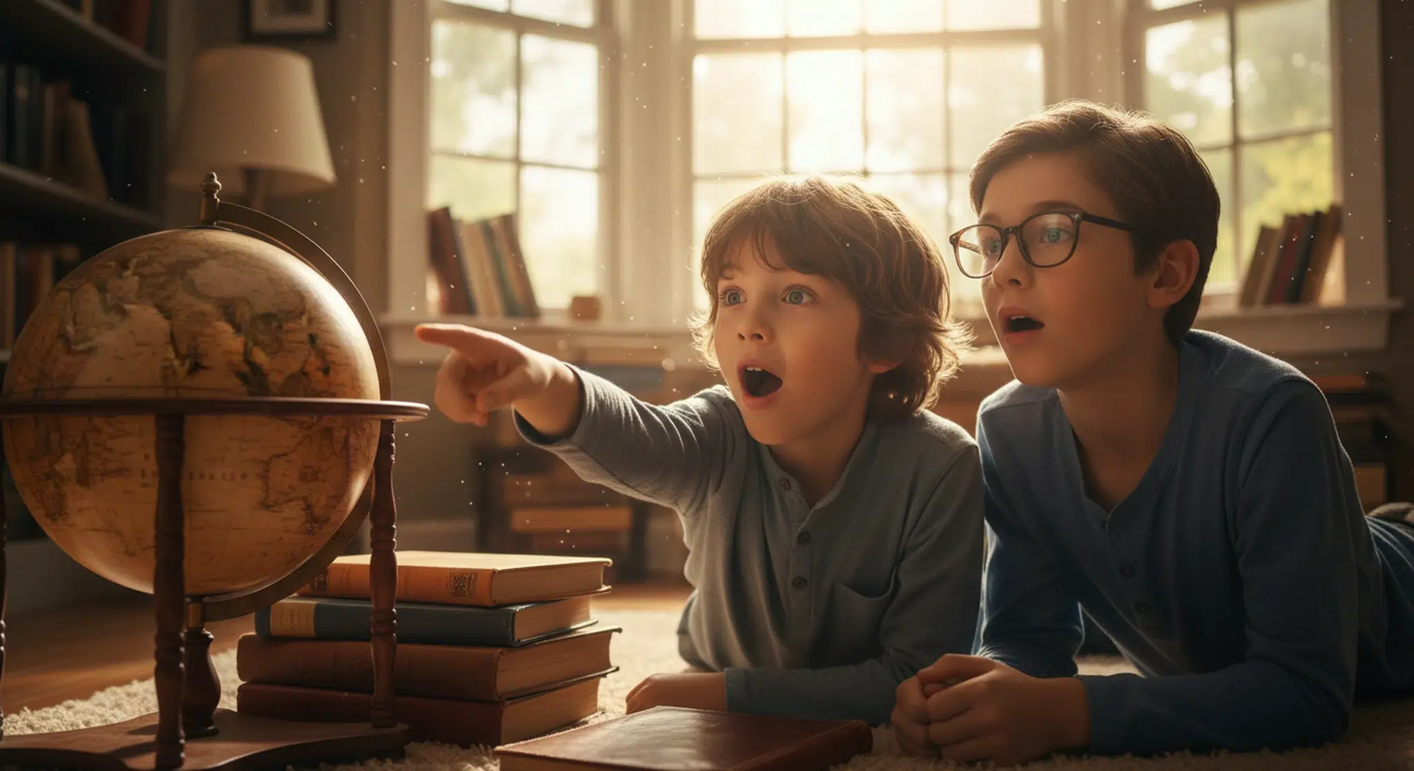 Two amazed children discovering random facts together with a globe and books nearby